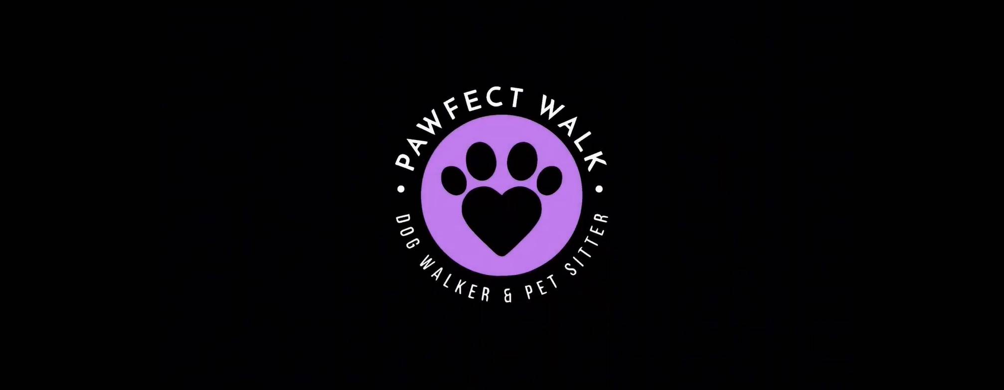 Lilac "pawfectwalk" logo with white letters and black background.